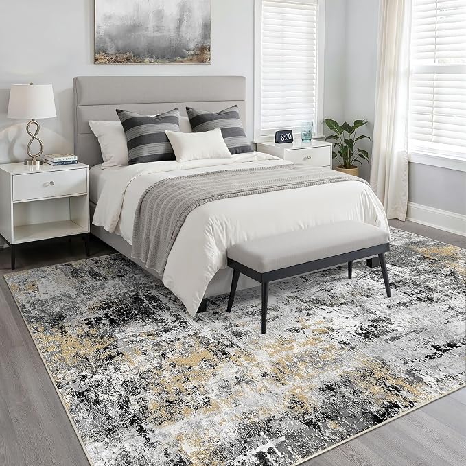 5x7 Area Rugs Living Room: Washable Large Abstract Neutral Modern Soft Rug Stain Resistant Indoor Floor Non-Slip Accent Carpet for Bedroom Nursery Playroom Dining Room Office Dorm Home- Black Gold