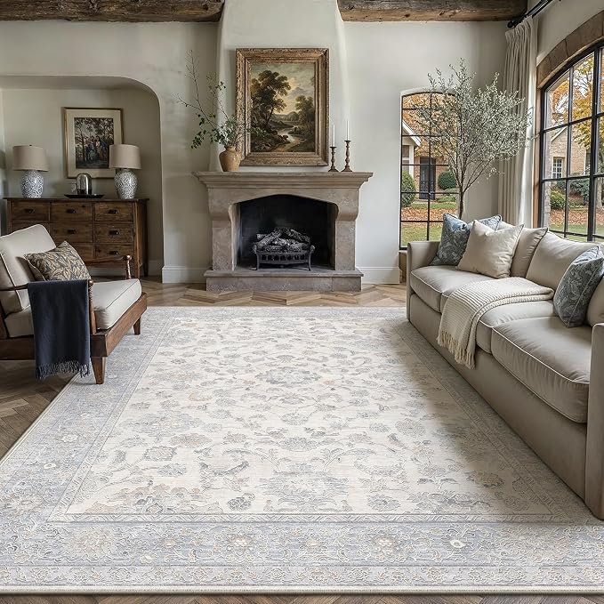 10x12 Blue Washable Area Rug for Living Room Bedroom Neutral Soft Floral Non Slip Large Throw Rug Lightweight Vintage Low Pile Distressed Carpet Doormat Office Playroom Dining Room Home Decor