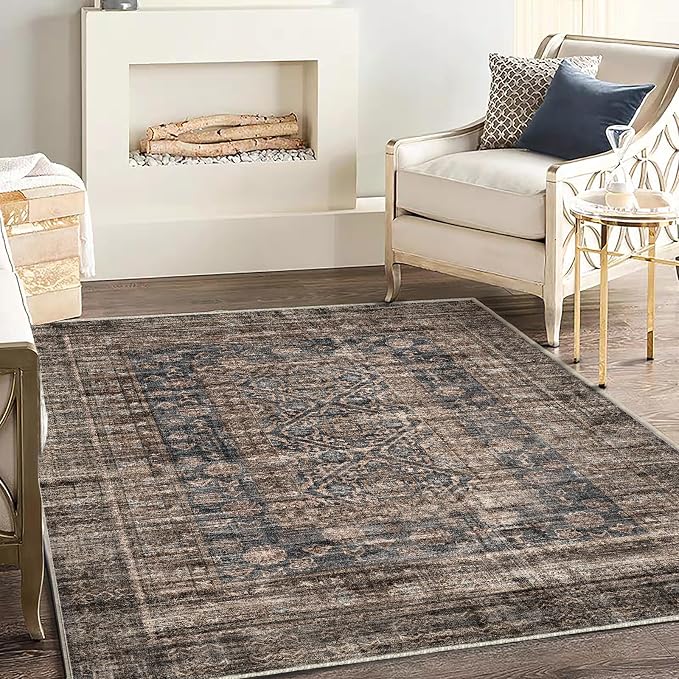 CHAMPLANT Washable Area Rug 3'x5' Vintage Traditional Floor Cover Foldable Thin Rugs Retro Kitchen Indoor Distressed Non Slip Carpet Floral Print Mat Bedroom Living Room