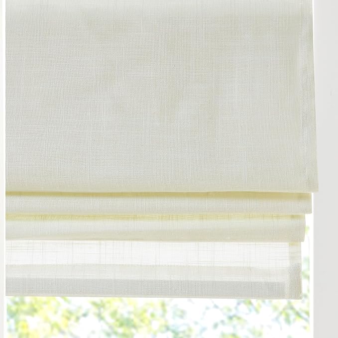Madison Park Kyler Cordless Roman Shades - Single Panel, Lightweight Linen Blend Fabric, Natural Design, Easy Installation, Light Filtering Window Blind, Bedroom, Living Room Decor 35"W x 64"H Ivory