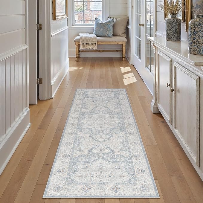 HUGEAR 2x6 Runner Rug Washable Blue Hallway Bedroom Living Room Rug Vintage Soft Carpet Rug Non-Shedding & Non-Slip Indoor Home Decor Dining Laundry Room Kitchen Floor Mat