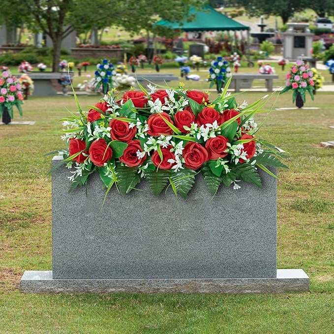 DONODA Cemetery Tombstone Flower Saddle - Outdoor Grave Decorations - Non-Bleed Colors, Rose Combination Flower (red Saddle)