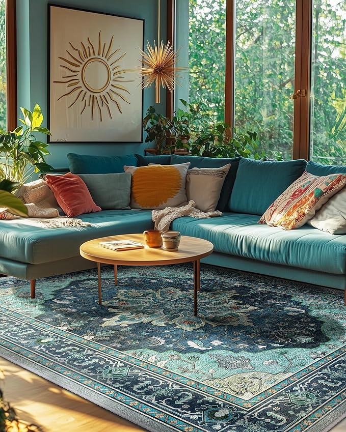 RELEANY Area Rugs 6'x9' Washable Non-Slip, Floral Vintage Distress Print Pattern Medallion Carpet for Living Room Bedroom Dining Room, Teal Green Lake Blue Turquoise