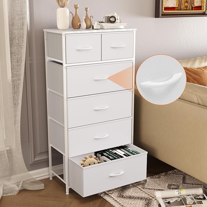 Fabric Dresser for Bedroom, Tall Skinny Dresser with 6 Drawers, Storage Organizer Tower, Steel Frame Wooden Top for Closet, Living Room, Hallway(White)