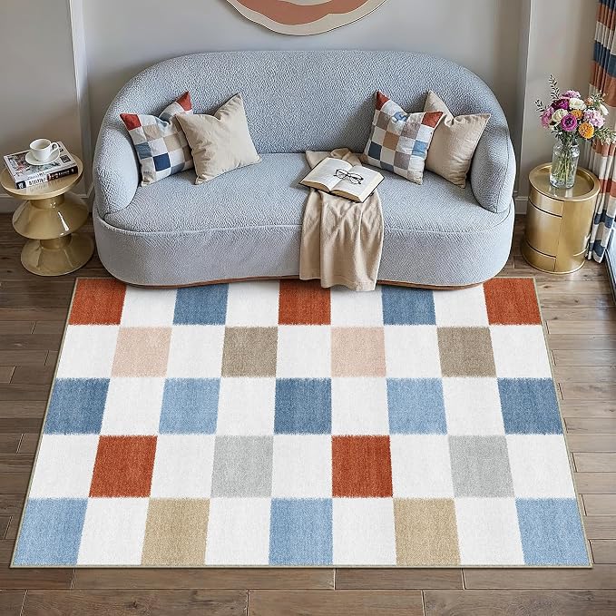 PureCozy Machine Washable 3x5 Area Rugs for Entryway Colorful Modern Soft Checkered Indoor Door Mats Non-Slip Stain Resistant Low Pile Accent Small Rug for Bedroom Kitchen Laundry Entrance