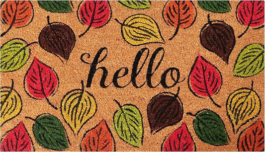A1HC Natural Coco Coir Door Mat Hello Autumn Leaves Doormat with Heavy Duty Non-Slip PVC Backing - 18" x 30" - Easy to Clean, Welcome Mat for Home, Low-Profile Durable Doormat