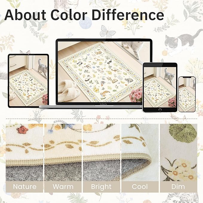 Soalmost Cat 5x7 Area Rugs for Living Room, Machine Washable Animal Floral Vintage Rug Non-Slip Low Pile Soft Throw Rugs for Kitchen Dining Room Bedroom Nursery Playroom (5 x 7,Beige)