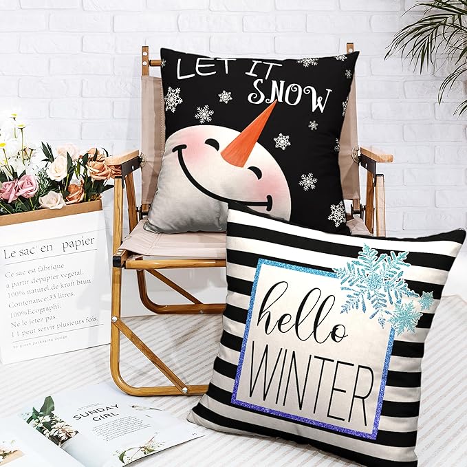 2 Pack of Winter Pillow Covers 22x22 Lovely Snowman Decorative Throw Pillow Covers Set of 2 Hello Winter Black Stripes Pillow Case for Living Room Holiday Decor Couch