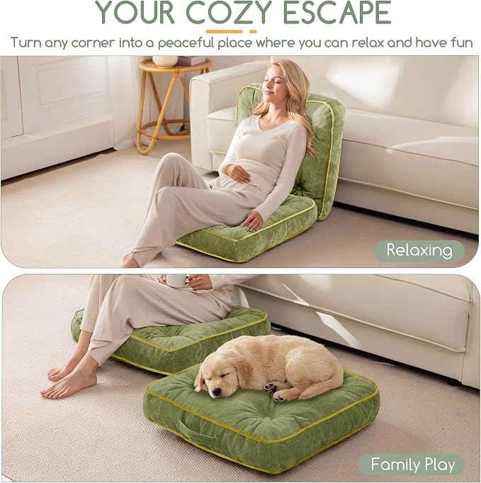 HIGOGOGO Large Floor Pillow Cushion for Adults, Meditation Cushion Pillow with Handle, Lustrous Chenille Tufted, Square Floor Sitting for Tatami Living Room or Yoga, 22x22 Inch, 2Pack, Green