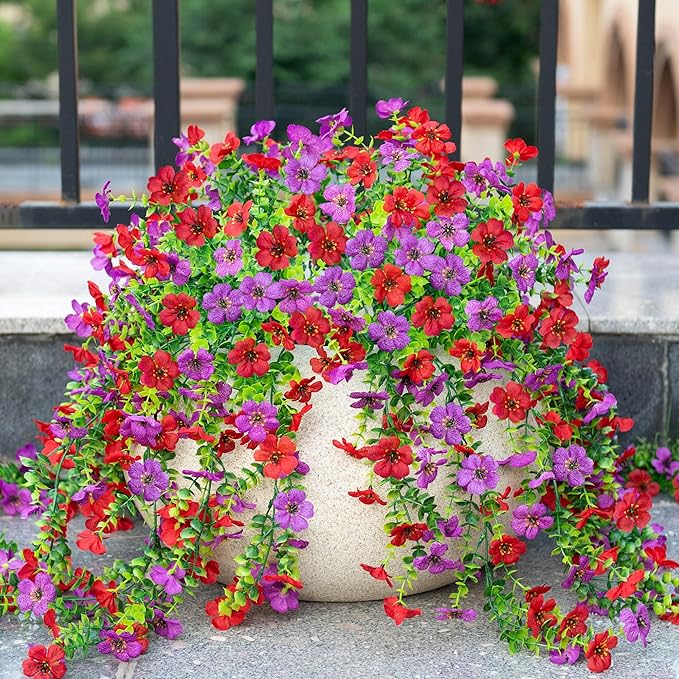 Ammyoo Artificial Hanging Flowers for Outdoors Fake Plants Decoration, 2 Packs Faux Silk Daisy Flower Realistic Outdoor Flowers UV Resistant Porch Patio Window Yard Indoor Spring Decor(Red Purple)