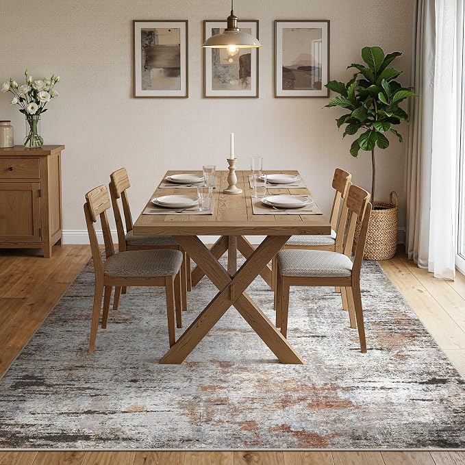 DMOYEST Area Rug Living Room Rugs - 10x12 Large Soft Indoor Neutral Modern Abstract Low Pile Washable Rug Carpet for Bedroom Dining Room Farmhouse Home Office - Grey Rust