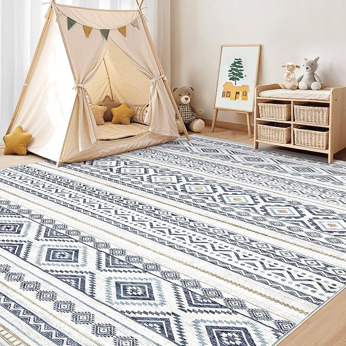 cotiled 8x10 Area Rug Living Room: Washable Boho Rugs with Non Slip Backing Large Soft Indoor Stain Resistant Carpet for Bedroom Farmhouse Dining Room Lightweight Home Decor Blue