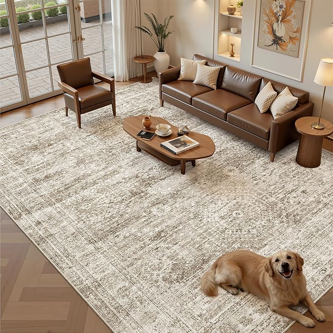 Soalmost 9x12 Area Rugs for Living Room, Non Slip Machine Washable Vintage Rugs, Low Pile Lightweight Large Rug for Bedroom, Dining Room, Home Office Brown