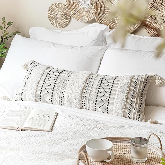BlissBlush 14x36 Lumbar Pillow Cover for Bed, Rectangular Long Decorative Throw Pillowcase, Boho Accent Cushion with Black Tufted Pattern and Tassels, Cream Neutral (Cover Only)