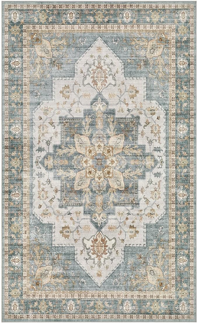 Tortania Area Rug Living Room Rugs - 3x5 Washable Rug Vintage Oriental Distressed Farmhouse Small Thin Indoor Carpet for Living Room Bedroom Under Dining Table Home Office - Muted Teal