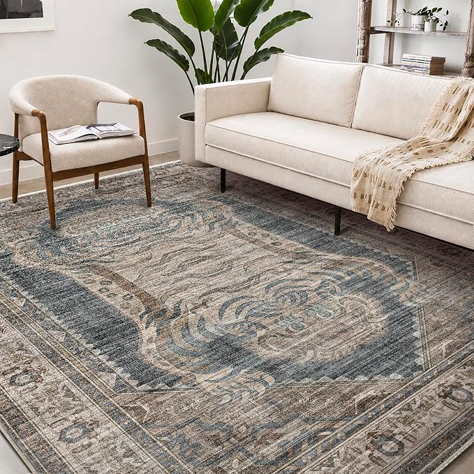 CHAMPLANT Washable Area Rug 8'x10' Retro Boho Design Non-Shedding Non-Slip Easy Care Ideal for High Traffic Areas in Living Room Bedroom Office Coffee Table Kitchen Large Carpet