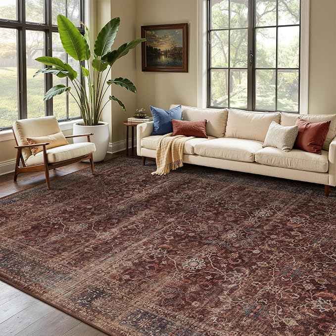 Vintage Distressed 7x9 Rugs for Bedroom, Washable Non Slip Low Pile Thin Print Area Rug for Living Room Dining Room, Farmhouse Carpet Rug for Playroom Guest Room Home Office, Earthy Brick Red