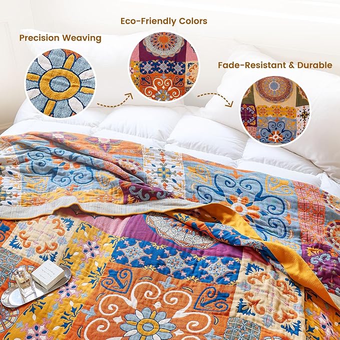 MSGKV Boho Throw Blanket for Bed 90"x90" 100% Cotton Blanket Summer Breathable Lightweight Queen Size Blankets Home Decor Muslin All Seasons