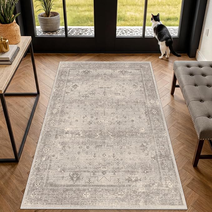 3x5 Washable Entryway Rug, Non-Slip Low Pile Soft Mudroom Rug, Stain Resistant, Greige, Warm Grey Granite, Vintage Mineral Geometric, Organic Modern, Farmhouse for Kitchen & Bedroom Bedside
