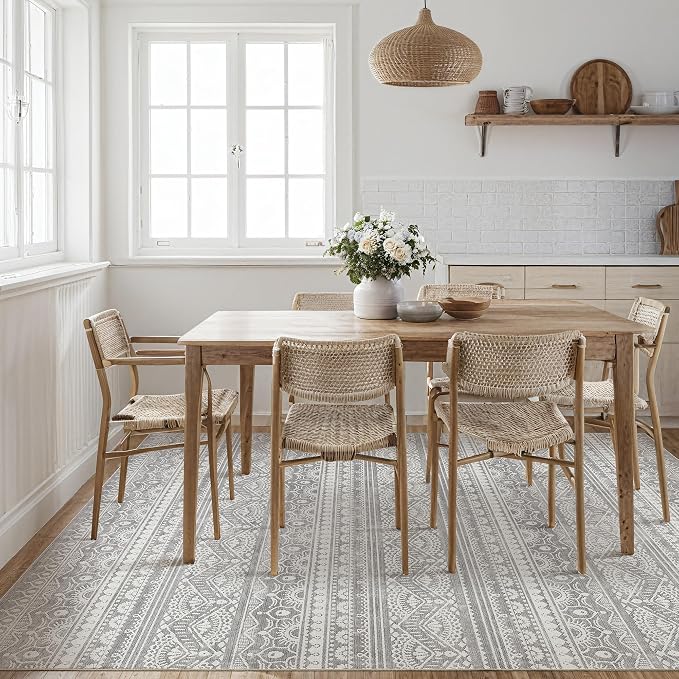 Tortania Area Rug Living Room Rugs - 6x9 Washable Large Soft Neutral Boho Moroccan Bohemian Farmhouse Rug Indoor Floor Carpet for Bedroom Under Dining Table Home Office Decor - Neutral Grey