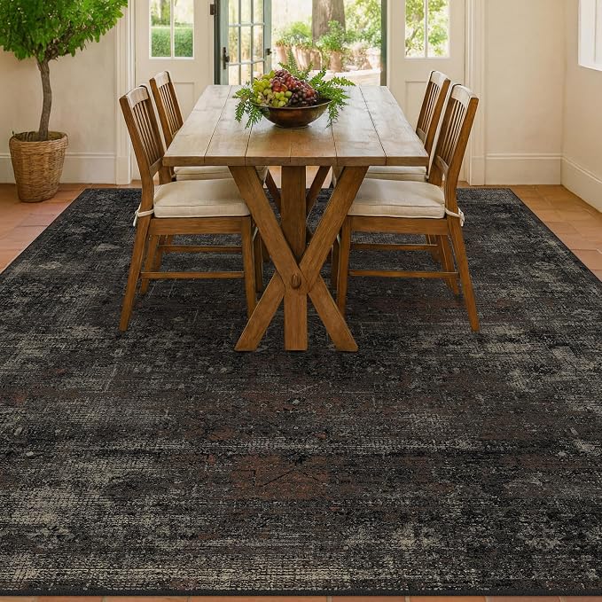 TALANOVA Modern Farmhouse Black Washable 9x12 Area Rug for Living Room & Dining Room, Abstract Non Slip Low Pile Rug for Bedroom, Dark Charcoal Stain Resistant Large Décor
