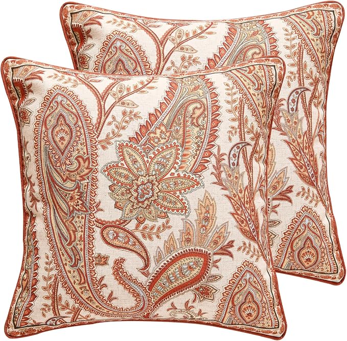 ISAENNE Vintage Linen Throw Pillow Cover,Set of 2,18"x18"-Chauffrey A | Designer Elegant Square Pillow Cover,Concealed Zipper Design,Cashew Pattern,Sofa,Bedroom,Living Room,Lounge Chairs