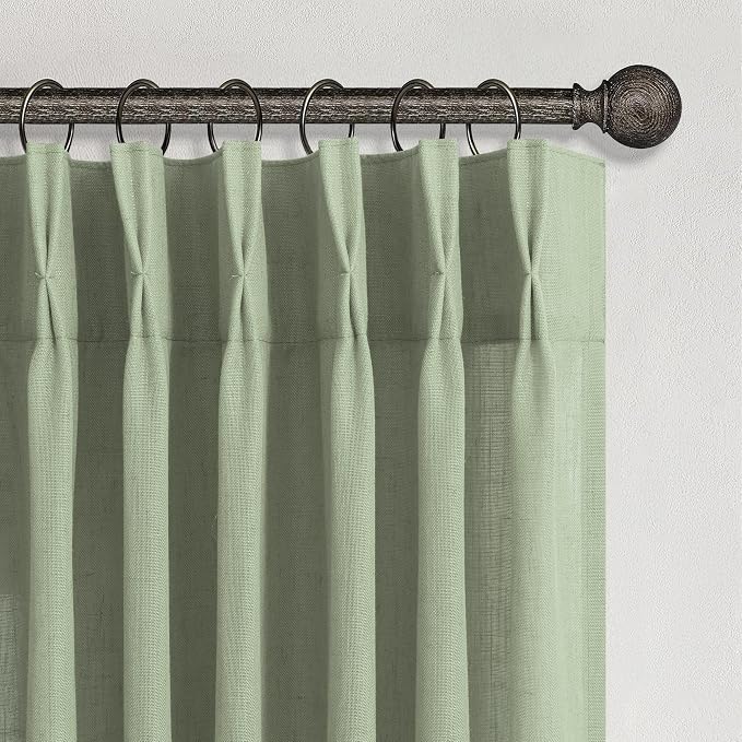 Sage Green Linen Curtains 45 Inch Length 2 Panel Set for Small Windows Rustic Country Cotton Textured Light Filtering Drapes Privacy Pinch Pleated Back Tab Semi Sheer Kitchen Curtains 45 Inches Long