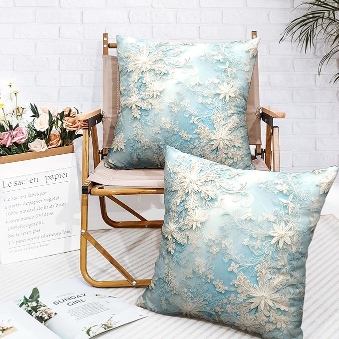 Blue Snowflakes Pillow Covers Winter Throw Pillow Covers 22x22 Set of 2 Snow Flower Pillowcase Floral Double Sided Printing Cushion Case for Living Room Bedroom Couch Sofa