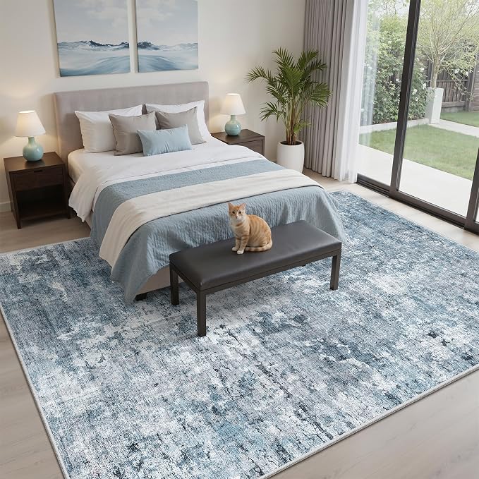 Soalmost Area Rug 6x9 Abstract Rugs for Living Room 6 x 9 Washable Rugs Blue Non Slip Low Pile Rugs for Bedroom Dining Room Foldable Thin