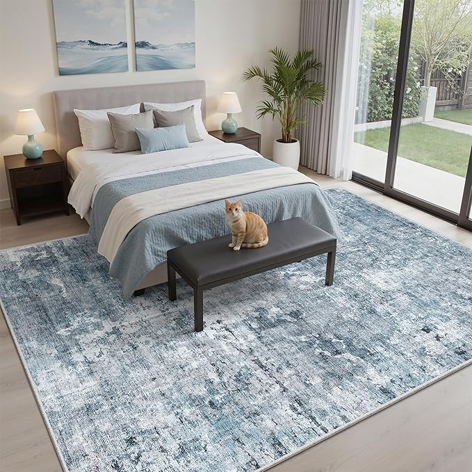 Soalmost Area Rug 6x9 Abstract Rugs for Living Room 6 x 9 Washable Rugs Blue Non Slip Low Pile Rugs for Bedroom Dining Room Foldable Thin