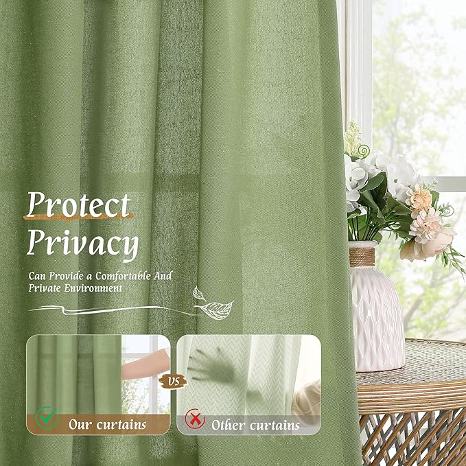 LAMIT Linen Blended Curtains 84 inch for Living Room, Linen Textured Light Filtering Drapes Rod Pocket Boho Panels for Farmhouse/Living Room, 2 Panels, 52 x 84 Inch, Green