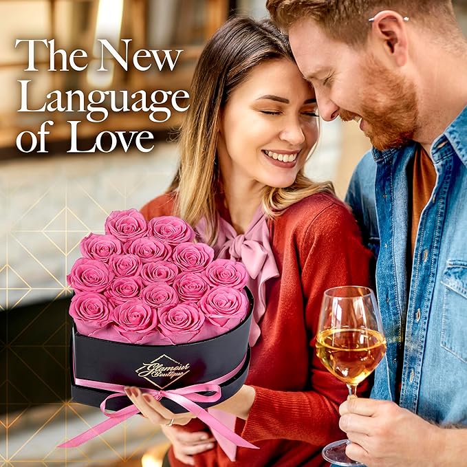 GLAMOUR BOUTIQUE 16 Flower Forever Heart Shape Box, Eternal Preserved Roses Gift for Her, Lasting Flowers, Romantic Floral Keepsake for Birthday, Anniversary or Valentine’s Day, Pink (Color-Treated)