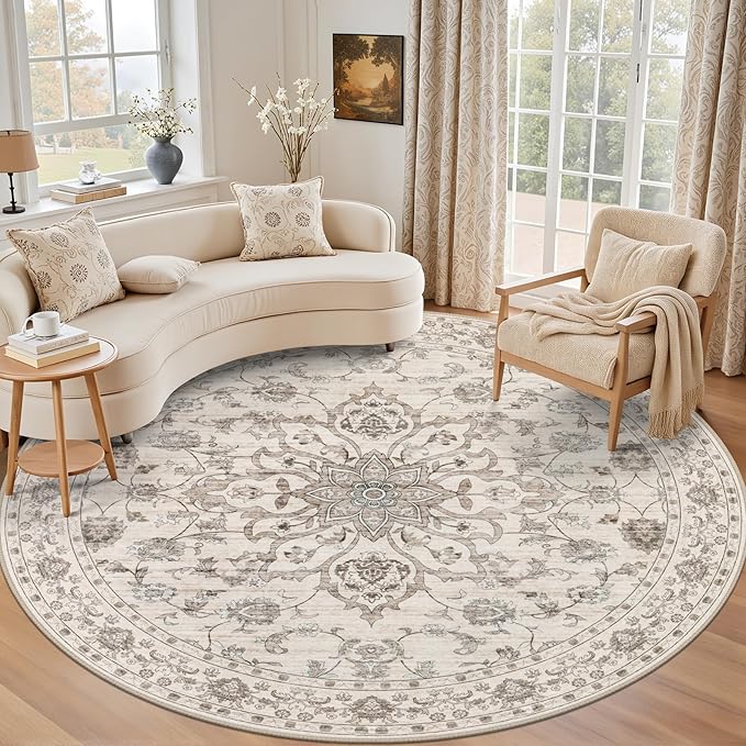 Round Area Rug for Living Room: 4 ft Washable Vintage Boho Soft Thin Circle Rug Indoor Floor No Slip Stain Resistant Carpet for Bedroom Dining Room Farmhouse Nursery Home Office - Brown Beige