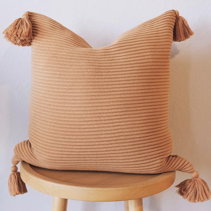 100% Soft Cotton Boho Throw Pillow Cover Ribbed Knit Texture with Handmade Tassels Cozy Decorative Accent (20x20, Baked Clay, Baked Terracotta)