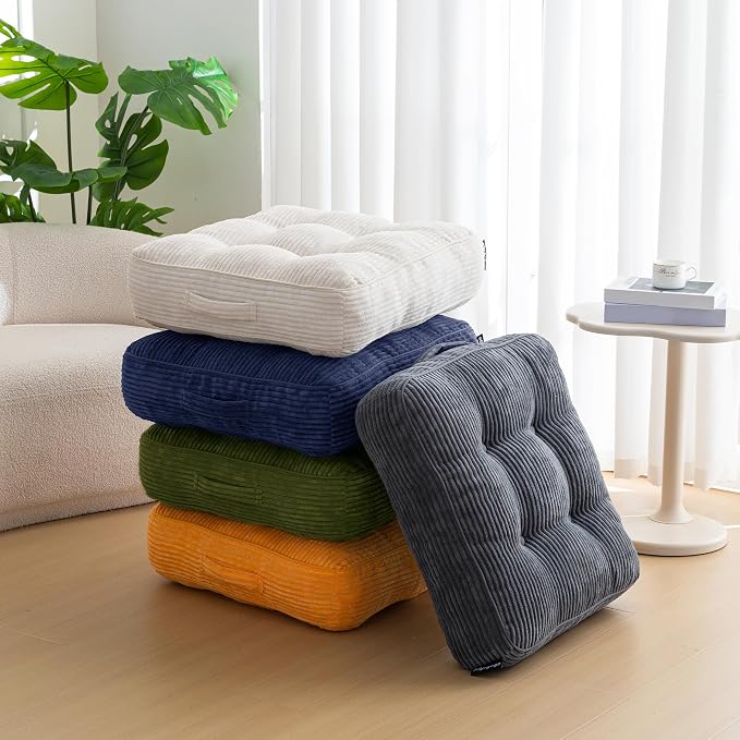 HIGOGOGO 6" Extra Thick Floor Pillow Cushion for Adults, Meditation Cushion Pillow, Large Square Floor Sitting, Tufted Corduroy Cover, for Tatami Living Room or Yoga, 22x22 Inch, 2Pack, Dark Green