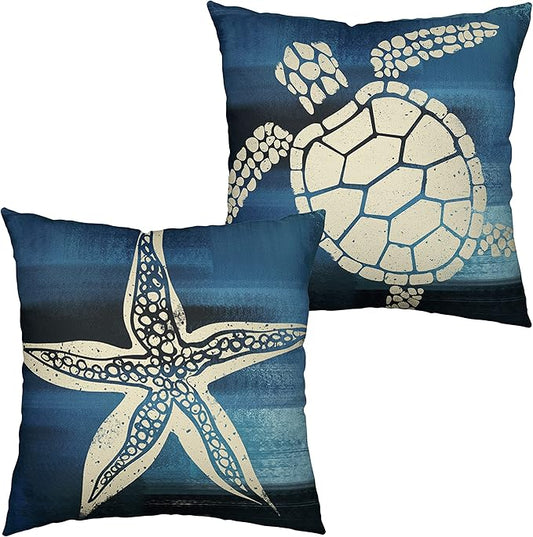 2 Pack Beach Theme Pillow Covers 16x16 Coastal Nautical Decorative Pillow Covers Starfish Sea Turtle Print Linen Square Pillow Case for Living Room Car Outdoor, Blue