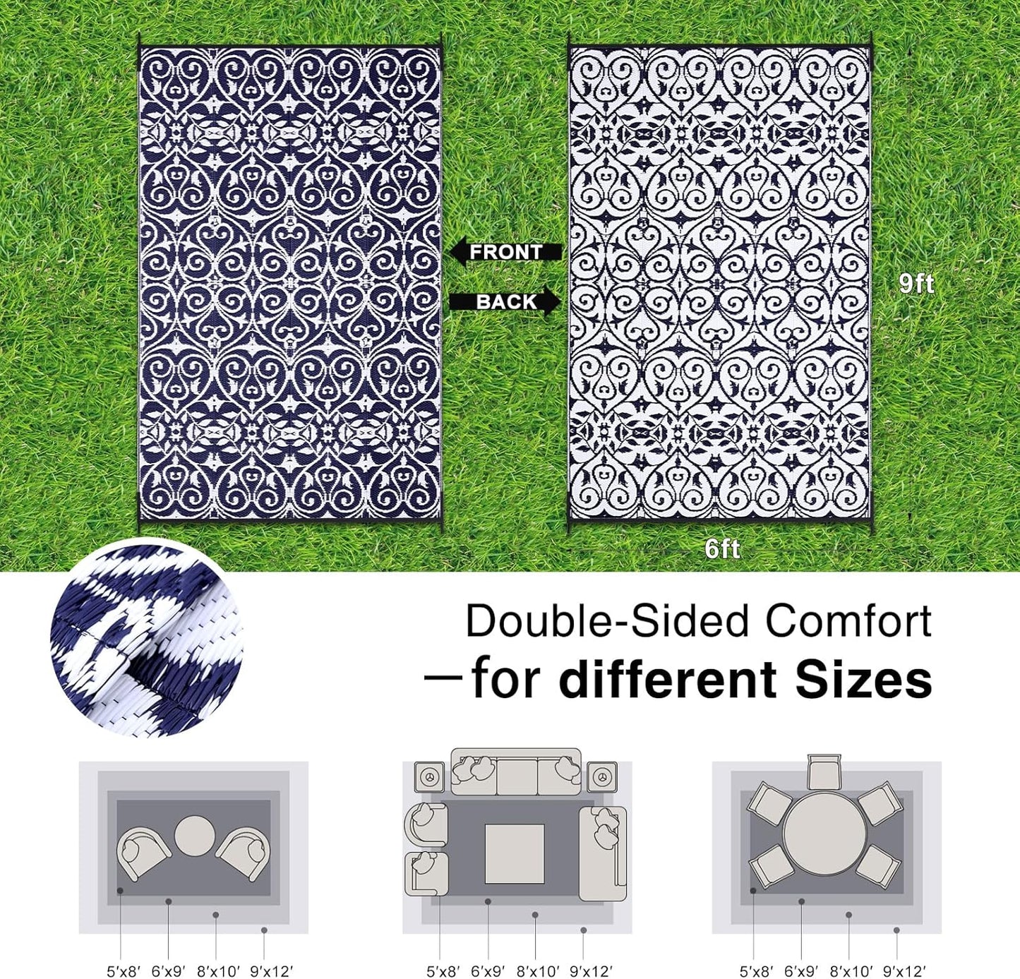 OLANLY Outdoor Rug Waterproof 6x9 ft Clearance, Reversible Outdoor Plastic Straw Rug with Floral Pattern, RV Mat for Patio, Camping, Balcony, Deck, Backyard, Navy & White