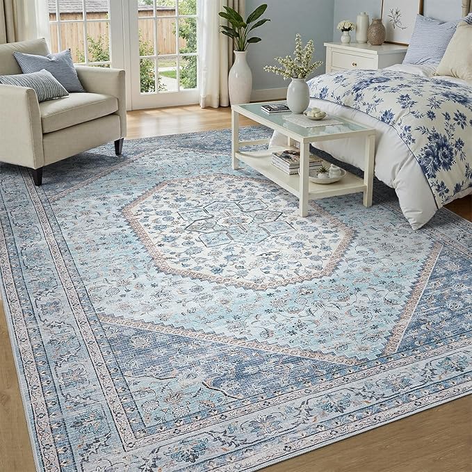 DCX Blue 5x7 Rug, Machine Washable Stain Resistant Kid & Pet Friendly with Rubber Back Non Slip Vintage Rug for Living Room, Bedroom, Home Office, Soft Low Pile Large Carpet
