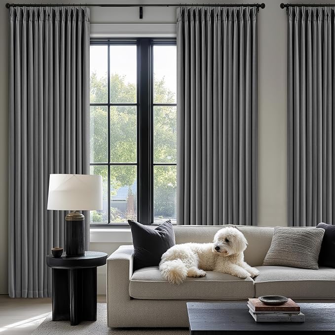 Grey Pleated Linen Blackout Curtains 80 Inches Long for Bedroom Living Room Pinch Pleat Black Out Thermal Insulated Ring Hooks Back Tab Room Darkening Drapes Charcoal Gray 80 Inch Curtains with Liner