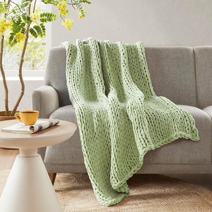 Madison Park Boho Throw Blanket, Soft Blanket Handmade Gift Home Decor, Lightweight & Breathable All Seasons Spring Chunky Knit Blanket, Knitted Throw for Couch, Bed Blanket, 50"x60"Sage Green