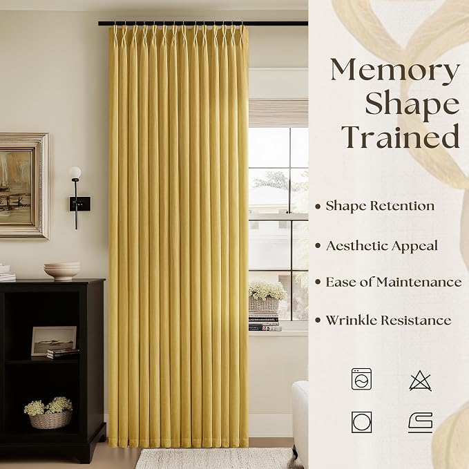 72 Inch Pinch Pleated Linen Curtains 2 Panels for Living Room Bedroom Boho Farmhouse Mustard Ochre Yellow Semi Sheer Back Tab Pinch Pleat Hooks Rings Spring Gold Yellow Window Curtain for Autumn Fall