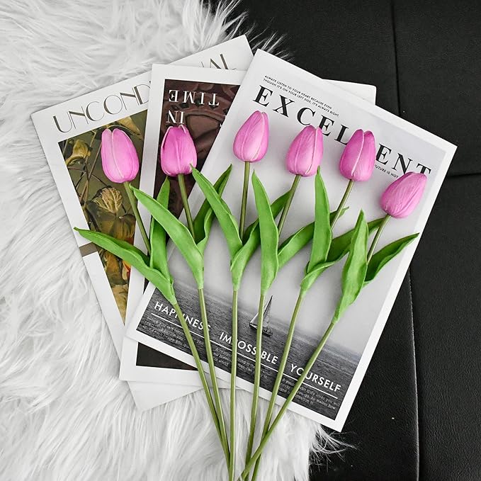 Mandy's Lavender Artificial Tulips Flowers Centerpiece, 13.5" Lifelike PU Fake Floral Stems 20pcs for Kitchen Island & Dining Table, Spring Decor for Easter