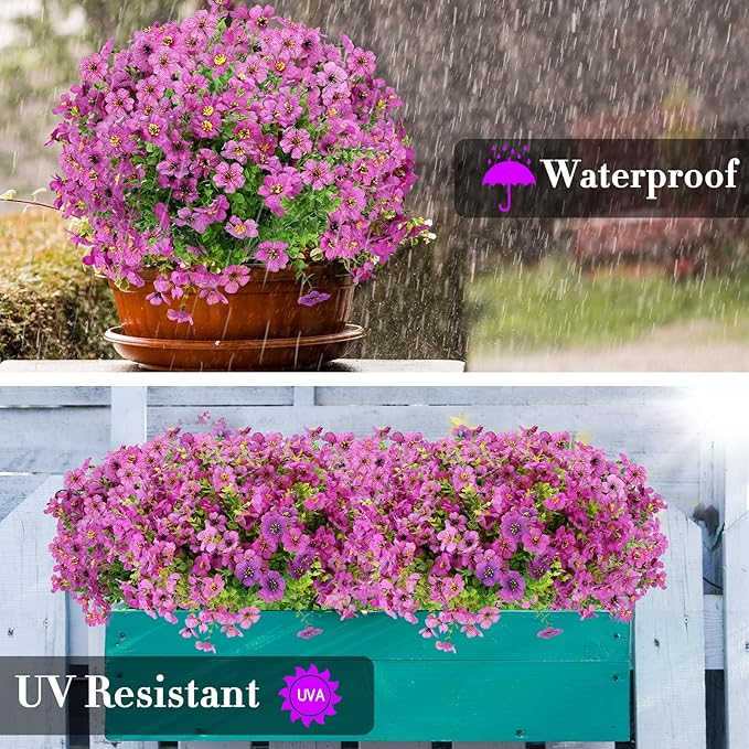 MERIXMAS 24 Bundles Artificial Flowers for Outdoors Decorations, Fake Flowers Artificial Plants Outdoor, Colorful Daisy Eucalyptus Realistic UV Resistant for Garden Patio Porch Home Decor, Purple