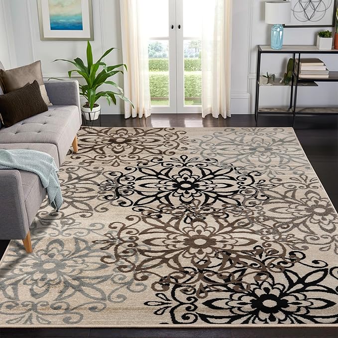 Superior Indoor Area Rug, Jute Backed, Perfect for Entryway, Office, Living/Dining Room, Bedroom, Kitchen, Hardwood Floor, Floral Scroll Decor, Leigh Collection, 9' x 12', Beige Ivory