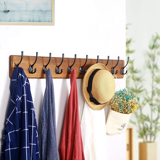 WEBI Coat Rack Wall Mount,10 Hooks,38 9/16" Long Coat Hooks Wall Mounted Rustic,16" Hole to Hole,Wood Coat Hanger Wall,Hook Rack Hooks for Hanging Coats,Jacket,Clothes,Hats,2 Packs
