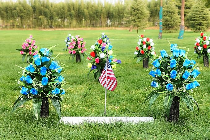 LVXINLI 2 Sets Artificial Cemetery Flowers,Outdoor Grave Decorations Roses,Beautiful Arrangements Bouquet with Cemetery Vase,Lasting and Non-Bleed Colors (Blue)