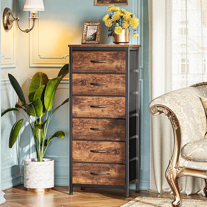 Huuger 43.3 Inch Tall Dresse for Bedroom, 6 Drawer Dresser & Chests of Drawers, Fabric Dresser for Closet, Bedroom, Night Stand, End Table with Metal Frame, Storage Tower, Rustic Brown