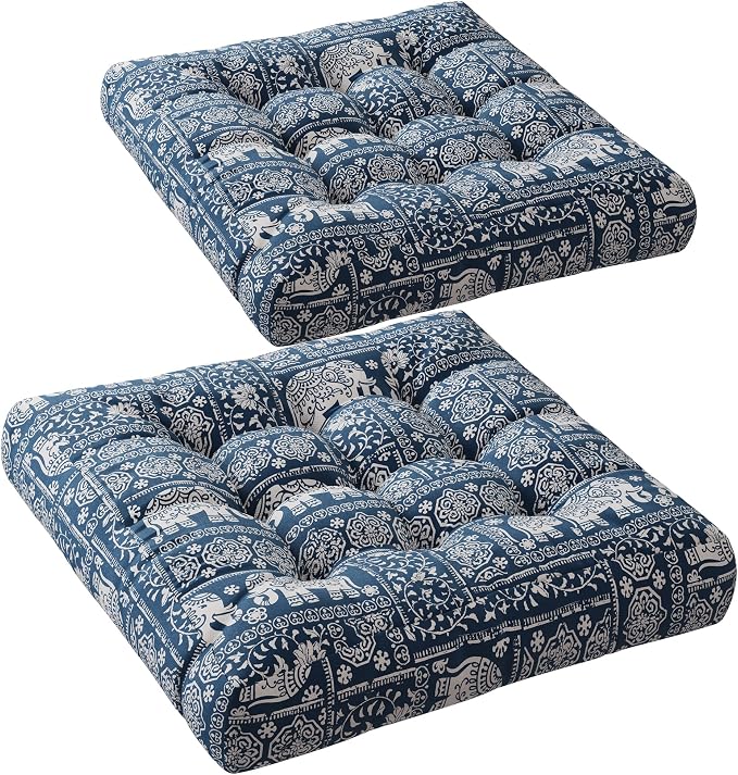 Codi Meditation Floor Pillow Set of 2, Large Pillows Seating for Adults and Teens, Bohemian Cushion for Fireplace Yoga Living Room Sitting, Memory Foam Added, 22x22 Inch Indigo Elephant