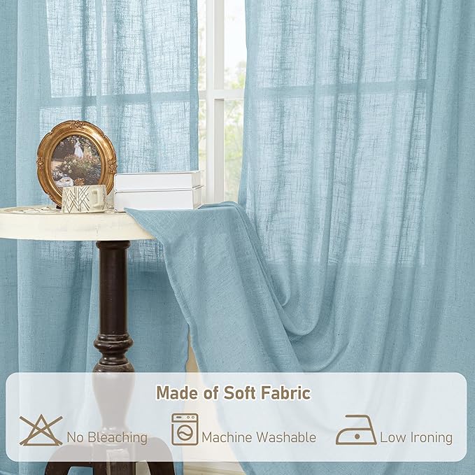 LAMIT Semi Sheer Linen Curtains 45 Inches Long, Light Filtering Panels Back Tab and Rod Pocket Country Decor Drapes for Farmhouse/Window/Bedroom, Stone Blue, 2 Panels, 52 x 45 Inch
