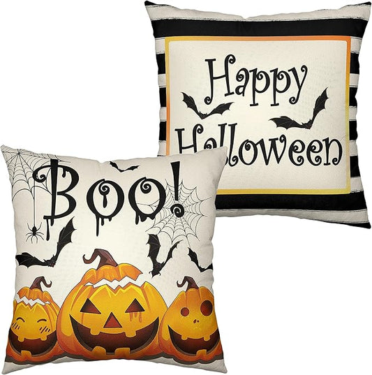Set of 2 Happy Halloween Pillow Covers 22x22 Indoor Halloween Decorations Pumpkin Throw Pillow Covers Spider Web Bat Pillow Case Black Striped Pillowcase for Living Room Sofa Couch
